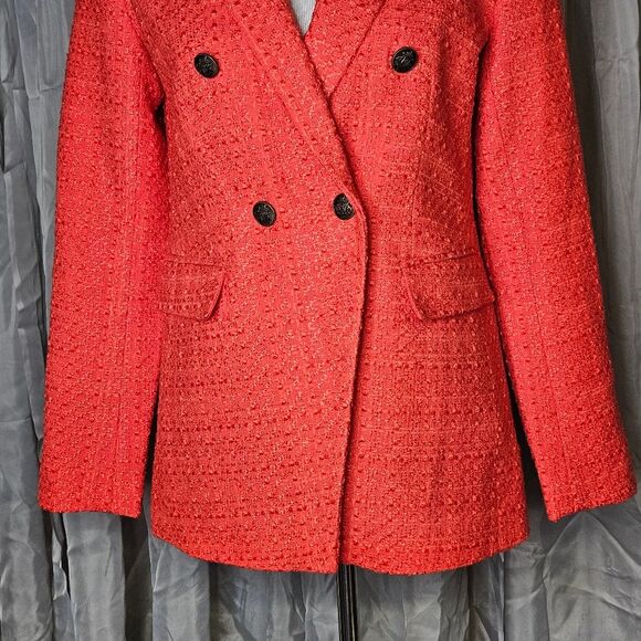 LOFT Rapture Red Coral Trendy Career Professional  Double Breasted Tweed Blazer - Picture 5 of 13
